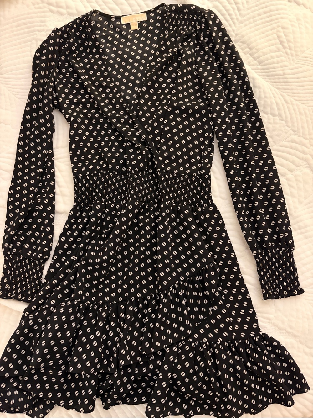 MICHAEL Michael Kors Black and White Long-Sleeve Polka Dot Wrap Dress
